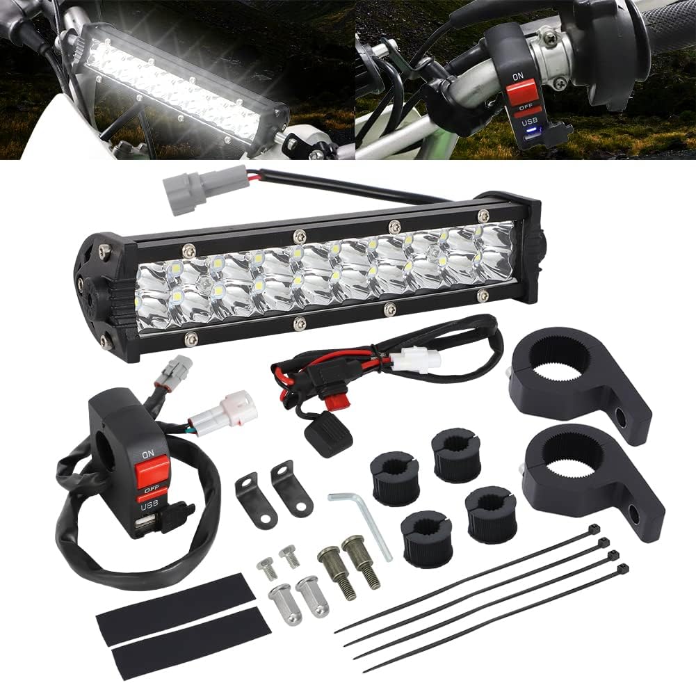 Motoparty Handlebar LED Light Bar Set for KLX110 CRF110 TTR110 YZ250F Fits Most 7/8” Handlebars High Brightness 60W LED Headlight Bar with Mounting Bracket & USB Socket Charger