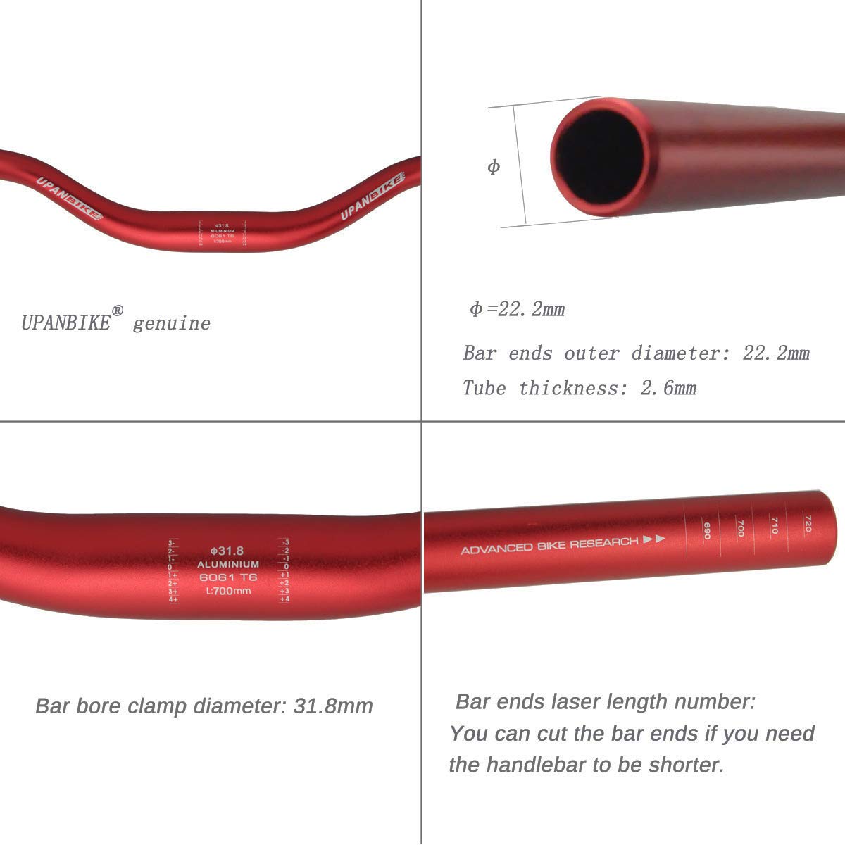 UPANBIKE MTB Mountain Bike Bicycle Extra Long Handlebar φ31.8mm 700mm Riser Bar