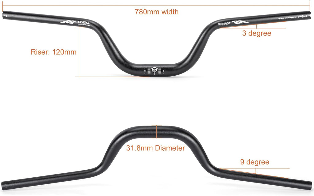 31.8 Bike Handlebar - 25mm, 55mm, 70mm, 90mm,120mm Riser Handlebar - 780mm Aluminium Alloy Mountain Bike Bicycle Handlebars (31.8-120mm Rise)