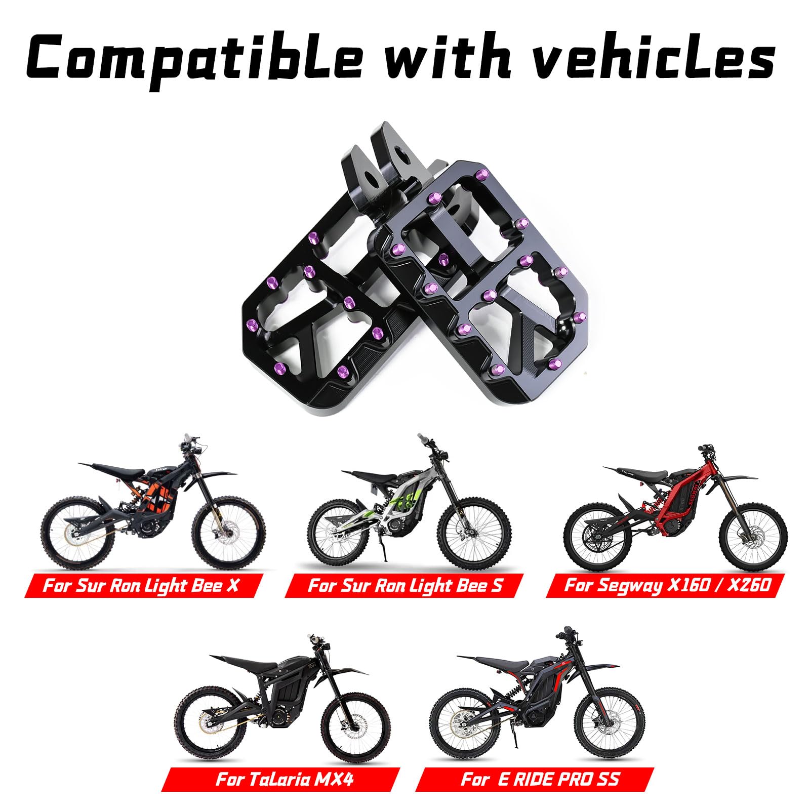 Dirt Bike Foot Pegs for Ebike Surron Light Bee X S, Color Prickly Peg,Motorcycle Aluminum Alloy Pedal for Segway X160 X260/Talaria X3 X4/E Ride PRO SS,Black Body with Dazzling Spikes