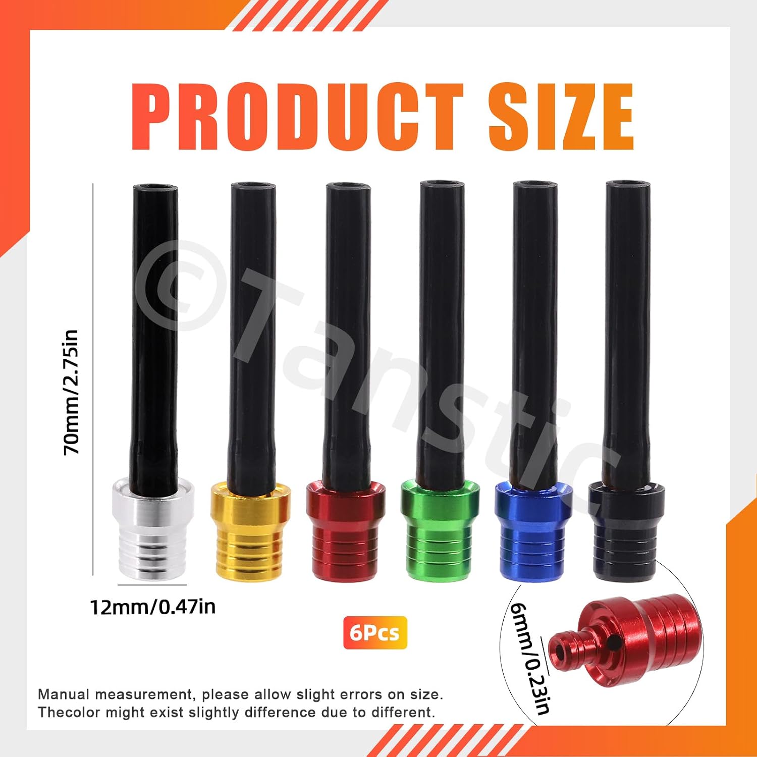 Tanstic 6Pcs Universal Tank Gas Fuel Cap Valve Vent Breather Hose Tube, Aluminum, Plastic, Multicolor, 12x70mm, 6pcs, Compatible with 50cc-125cc Motorcycle, XR, CRF, RM, KX, SSR, Dirt, Pit Bike, ATV