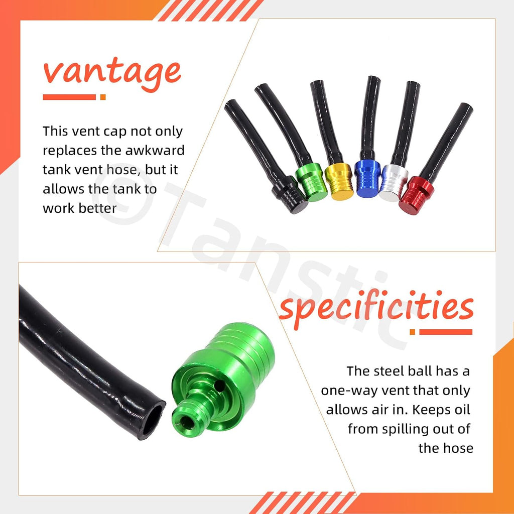 Tanstic 6Pcs Universal Tank Gas Fuel Cap Valve Vent Breather Hose Tube, Aluminum, Plastic, Multicolor, 12x70mm, 6pcs, Compatible with 50cc-125cc Motorcycle, XR, CRF, RM, KX, SSR, Dirt, Pit Bike, ATV