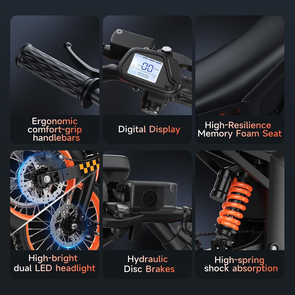 M01 Electric Dirt Motorcycle, 2000W Brushless Motor, 48V 20.8Ah Removable Battery, 34 MPH Max Speed, 40 Miles Range, 265 Lbs Load Capacity, 14" Front & 12" Rear Wheels