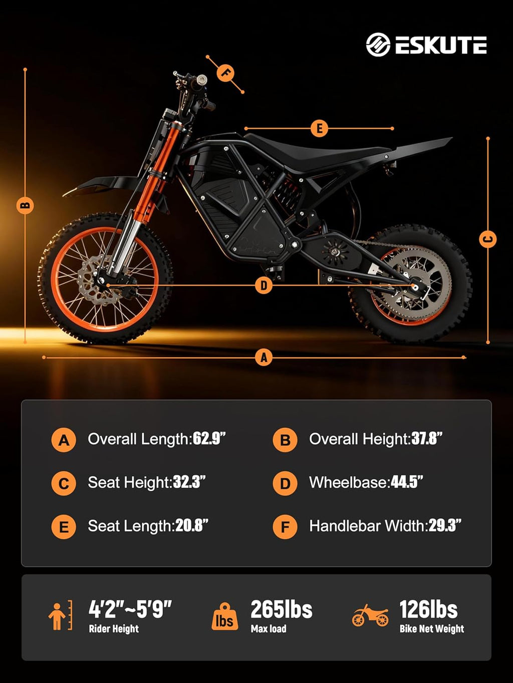 ESKUTE Electric Dirt Bike for Teens Adults, Mid-Drive Motor 3500W Peak, Electric Motorcycle 48V23Ah Battery, Hydraulic Disc Brake，53Mile,38mph, Hydraulic Nitrogen Dual Shock Absorbers,Black