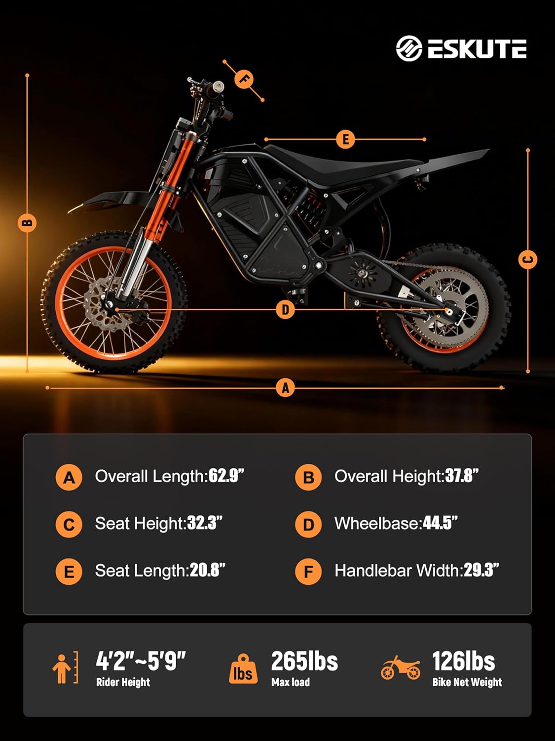 ESKUTE Electric Dirt Bike for Teens Adults, Mid-Drive Motor 3500W Peak, Electric Motorcycle 48V23Ah Battery, Hydraulic Disc Brake，53Mile,38mph, Hydraulic Nitrogen Dual Shock Absorbers,Black