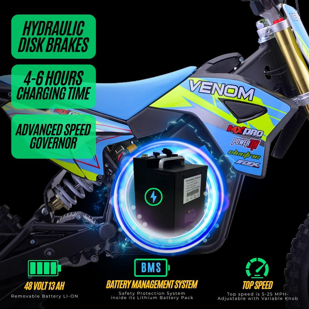 Venom 1600W Electric Dirt Bike | 48V Lithium Battery | Fully Automatic | Off-Road Ride for Teens & Adults | Venom Motorsports Canada