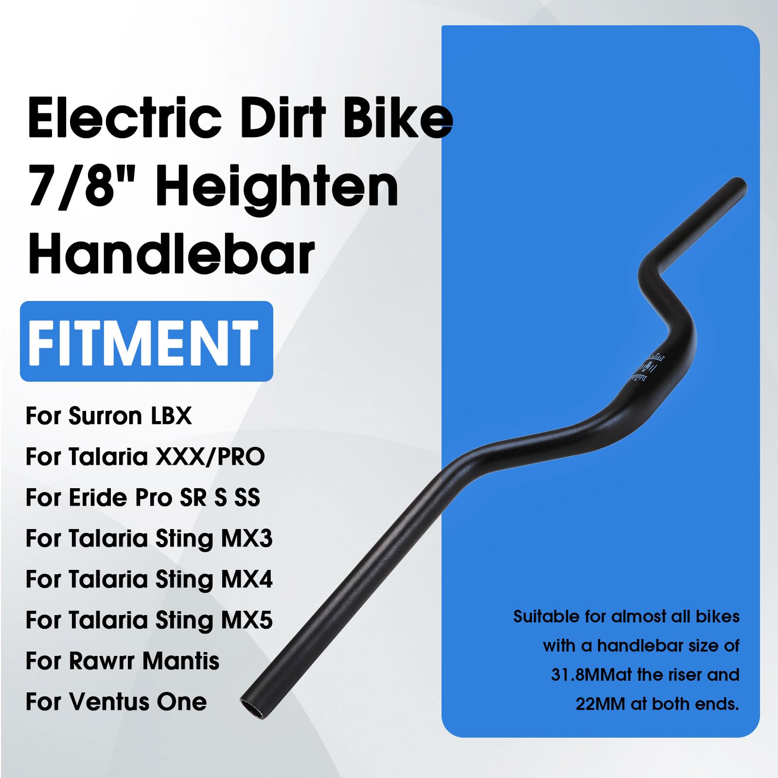 Motorcycle Heighten Handlebar 7/8" 22mm Handle Bar 4MM Thickness CNC for Surron Sur Ron LBX Talaria Sting MX3/R MX4 Talaria XXX E-Ride Pro SR S SS 2.0 3.0 Ventus One Rawrr Mantis Blue