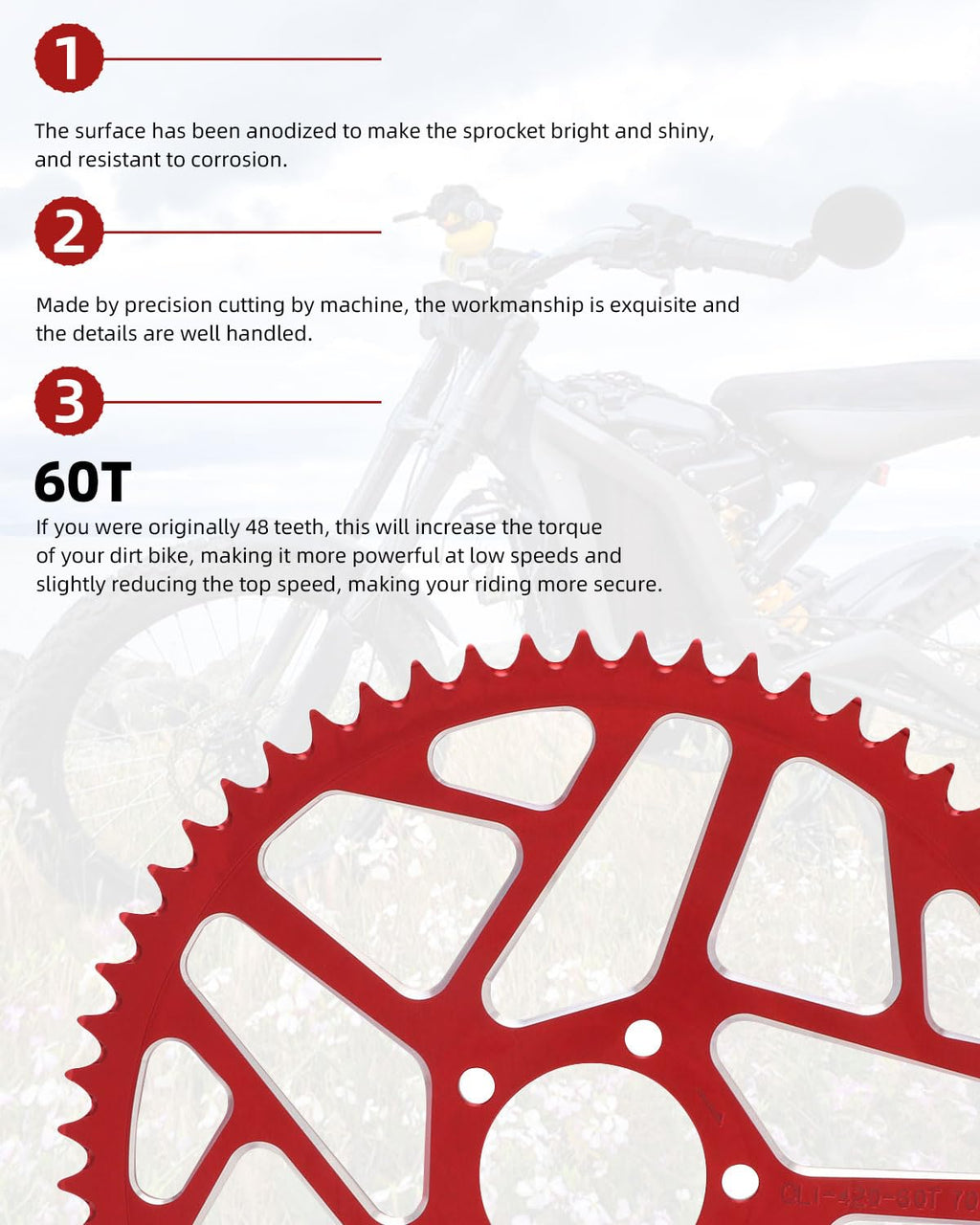 Sprocket for Surron,60T Chain Sprocket for Dirt Bike Sur Ron Light Bee S/Light Bee X/X160/X260/Talaria Sting MX3/Talaria Sting R MX4 - Red