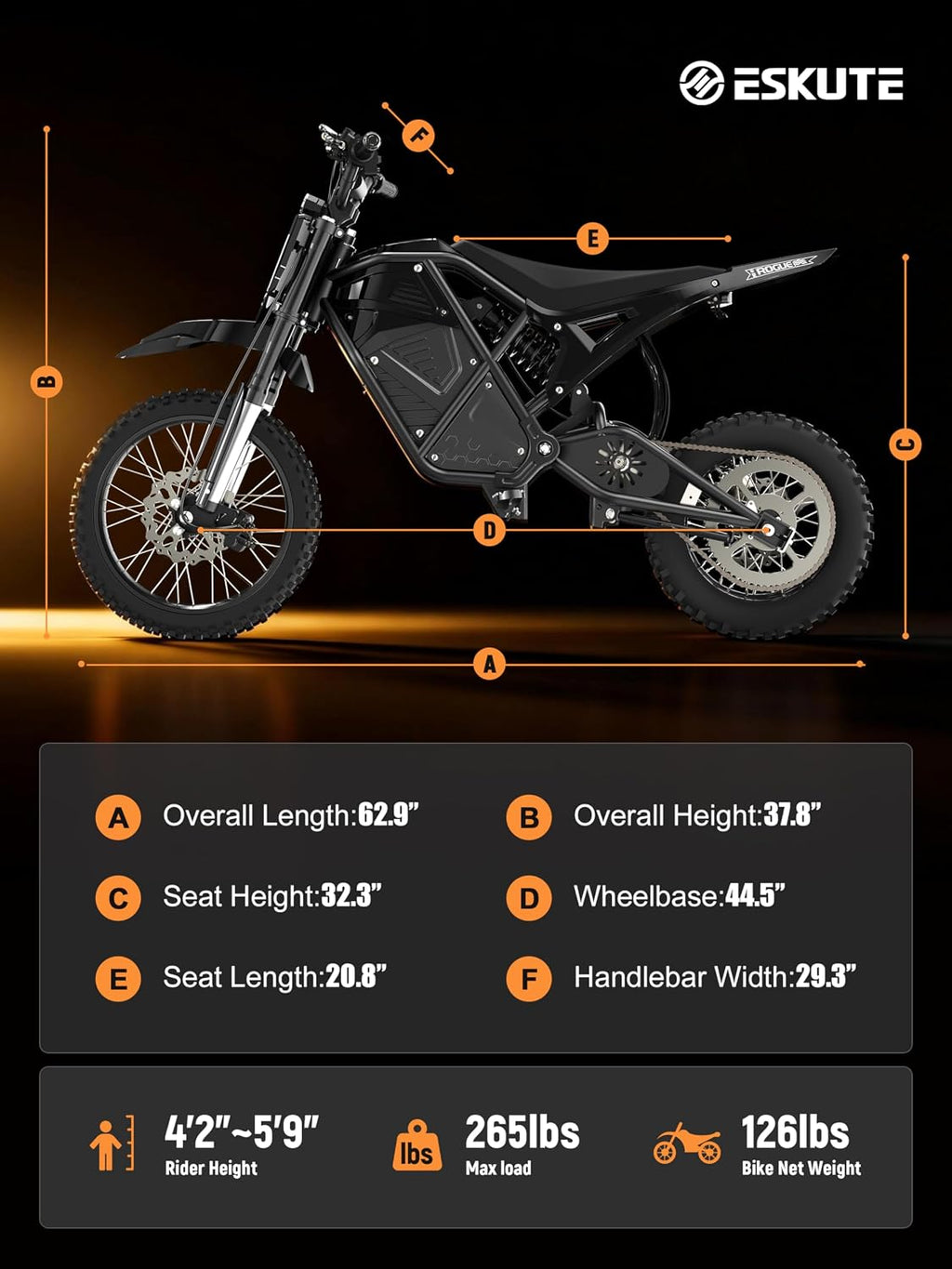 ESKUTE Electric Dirt Bike for Teens Adults, Mid-Drive Motor 3500W Peak, Electric Motorcycle 48V23Ah Battery, Hydraulic Disc Brake，53Mile,38mph, Hydraulic Nitrogen Dual Shock Absorbers,Black