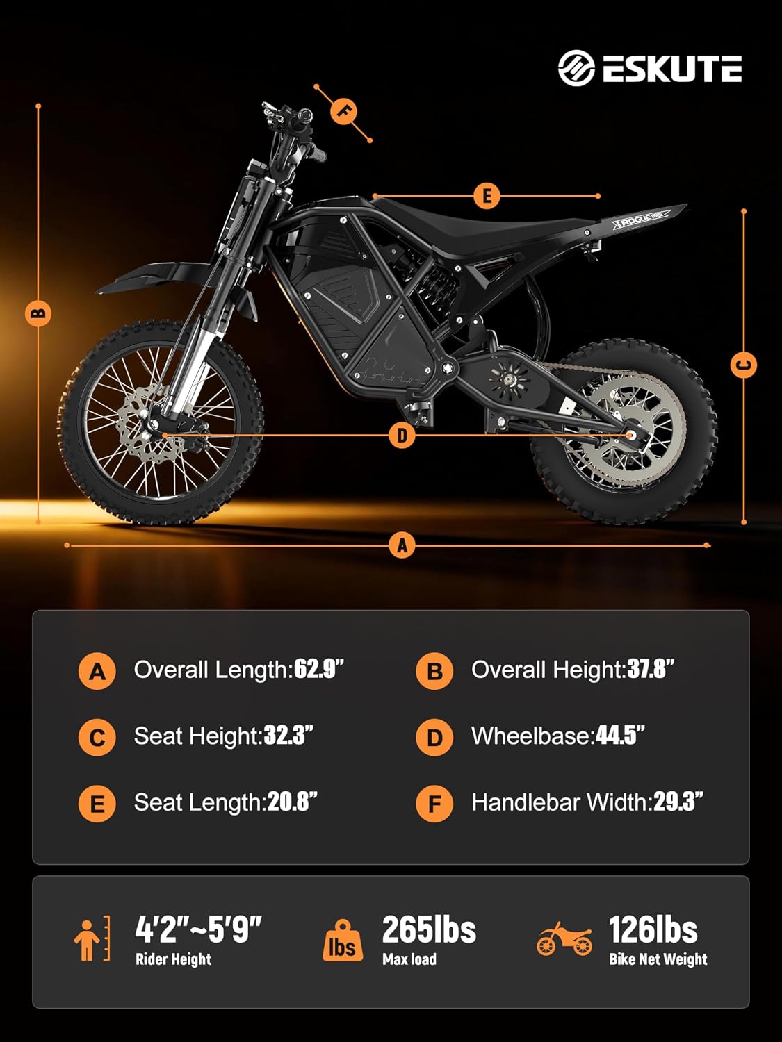 ESKUTE Electric Dirt Bike for Teens Adults, Mid-Drive Motor 3500W Peak, Electric Motorcycle 48V23Ah Battery, Hydraulic Disc Brake，53Mile,38mph, Hydraulic Nitrogen Dual Shock Absorbers,Black
