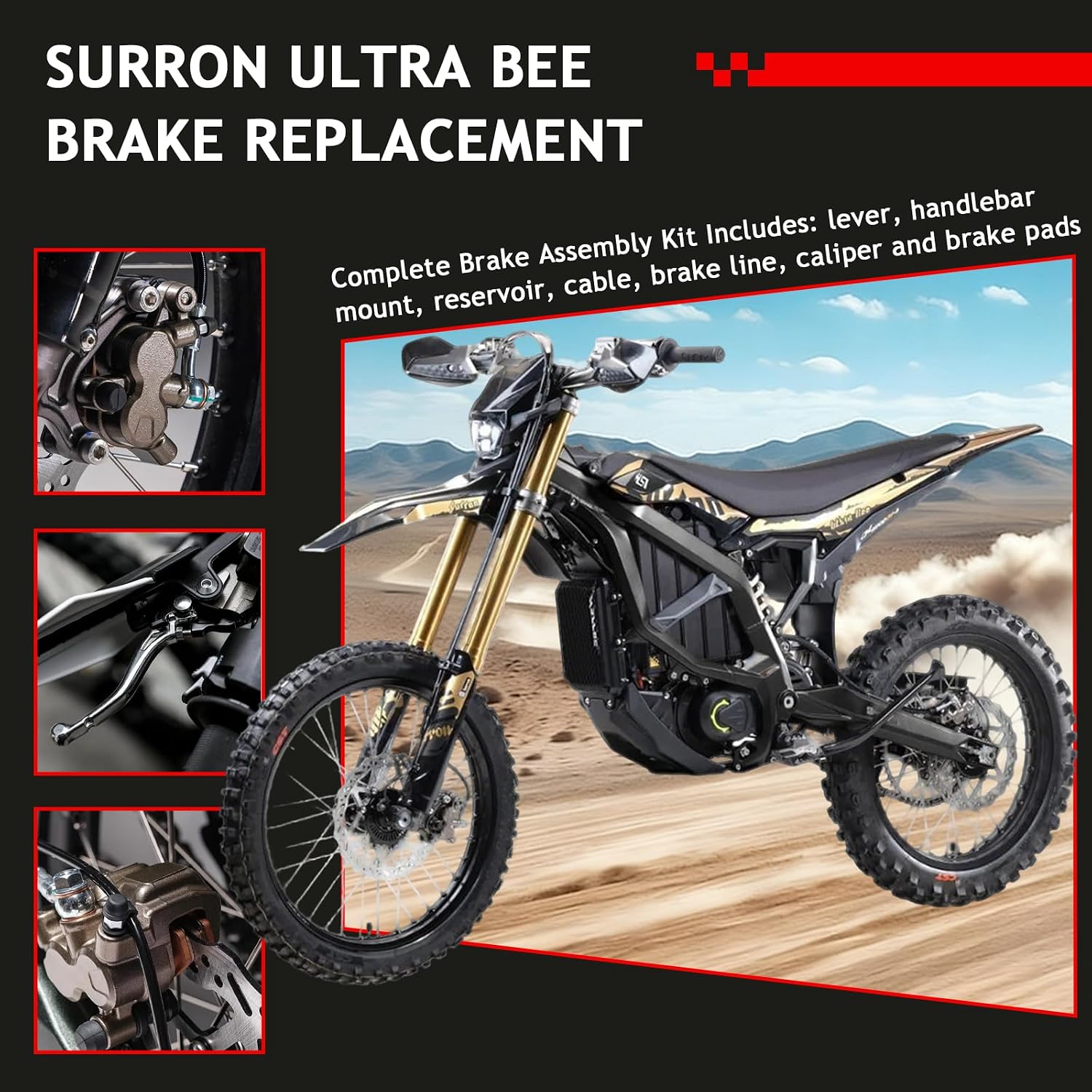 Front Brake Assembly for Surron Ultra Bee | Complete Front Brake Assembly Includes Lever, Handlebar Mount, Reservoir, Cable, Brake line, Caliper and Brake Pads