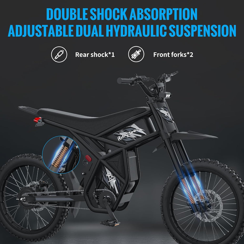 Bootime Upgraded Electric Dirt Bike for Teens 85+Miles Long Range Electric Bike for Adults 2500W Peak Motor 37MPH, 48V 36.4Ah Battery, Full Suspension, 3-Speed 25" Fat Tire Electric Motorcycle
