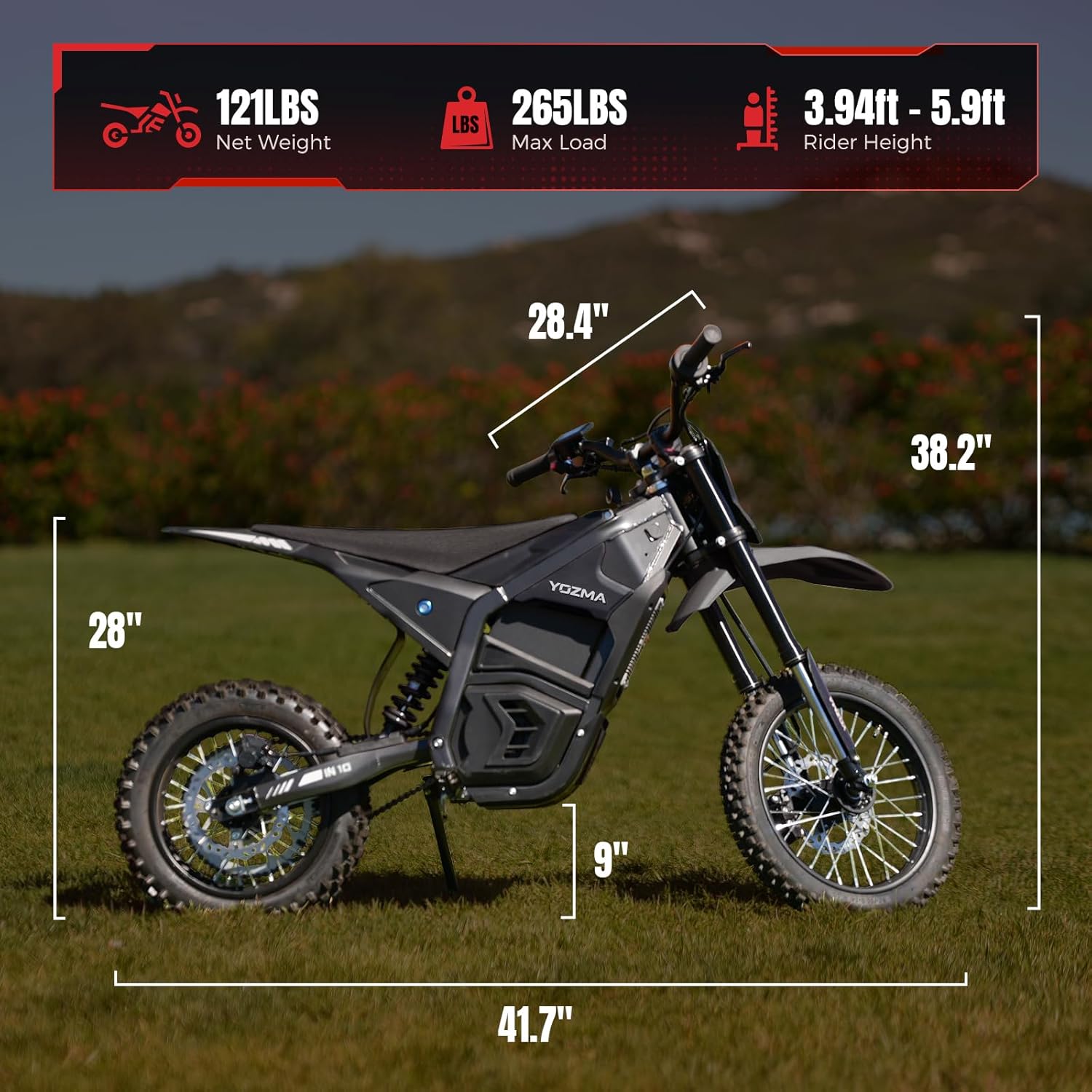 Yozma IN10 Electric Dirt Bike, 2600W 64.4km/h Electric Motorcycle with 48V/23AH Battery Ebike, Full Hydraulic Brakes and Suspensions Mountain Off-Road E Dirt Bike