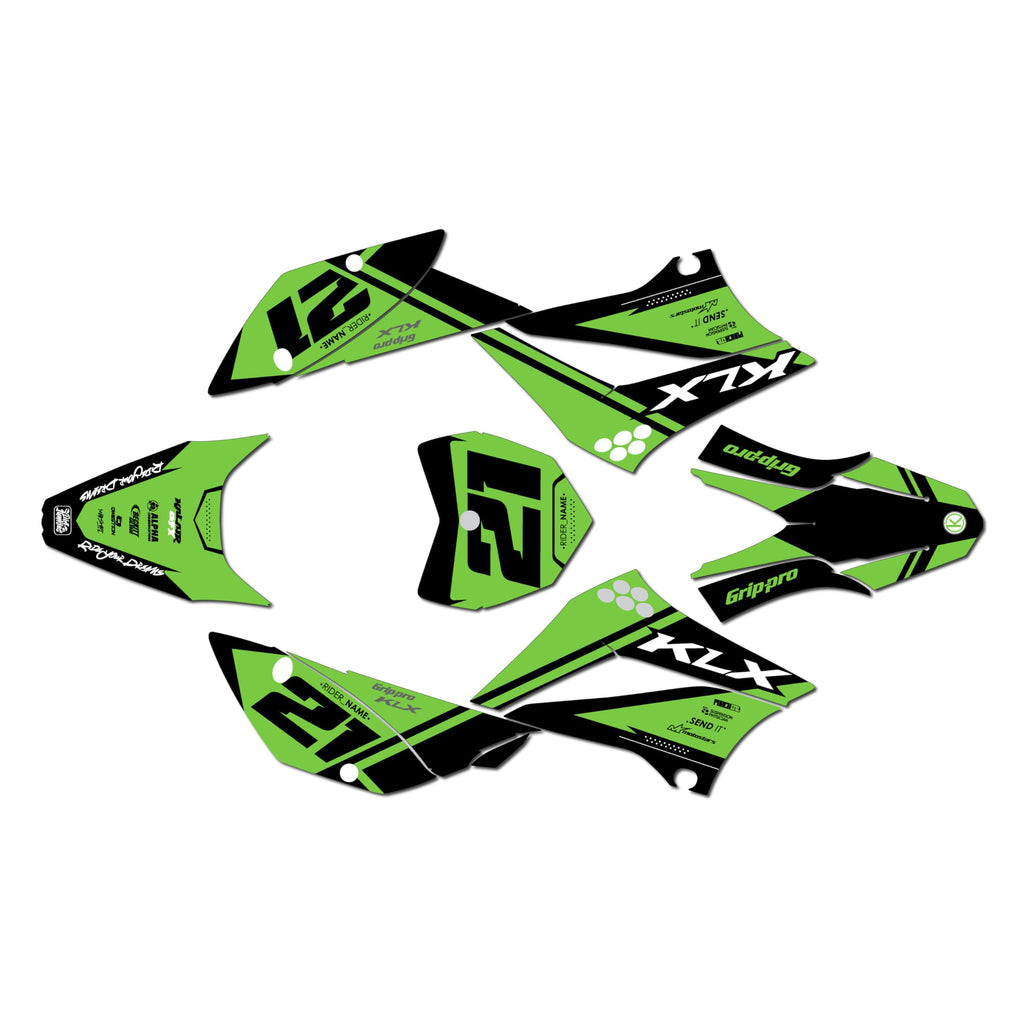 Graphics Kit for Kawasaki KLX110, KLX110R/RL (2010-2024) Enigma Series Green Holographic 16 Mil - Dirt bike Custom Racing Graphics Decals Stickers Kit, no-plastics