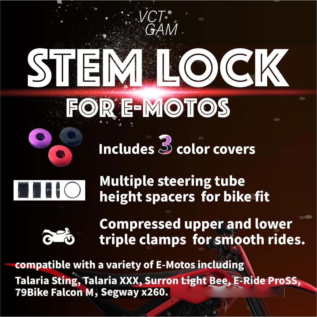 Stem Lock for Surron, Talaria, E-Ride Pro, 79Bike – Handlebar Stem Lock Kit with Top Cap, Headset Spacer, Extended Nut – Compatible with Light Bee, Sting, XXX, X260 – Includes Black, red, Purple