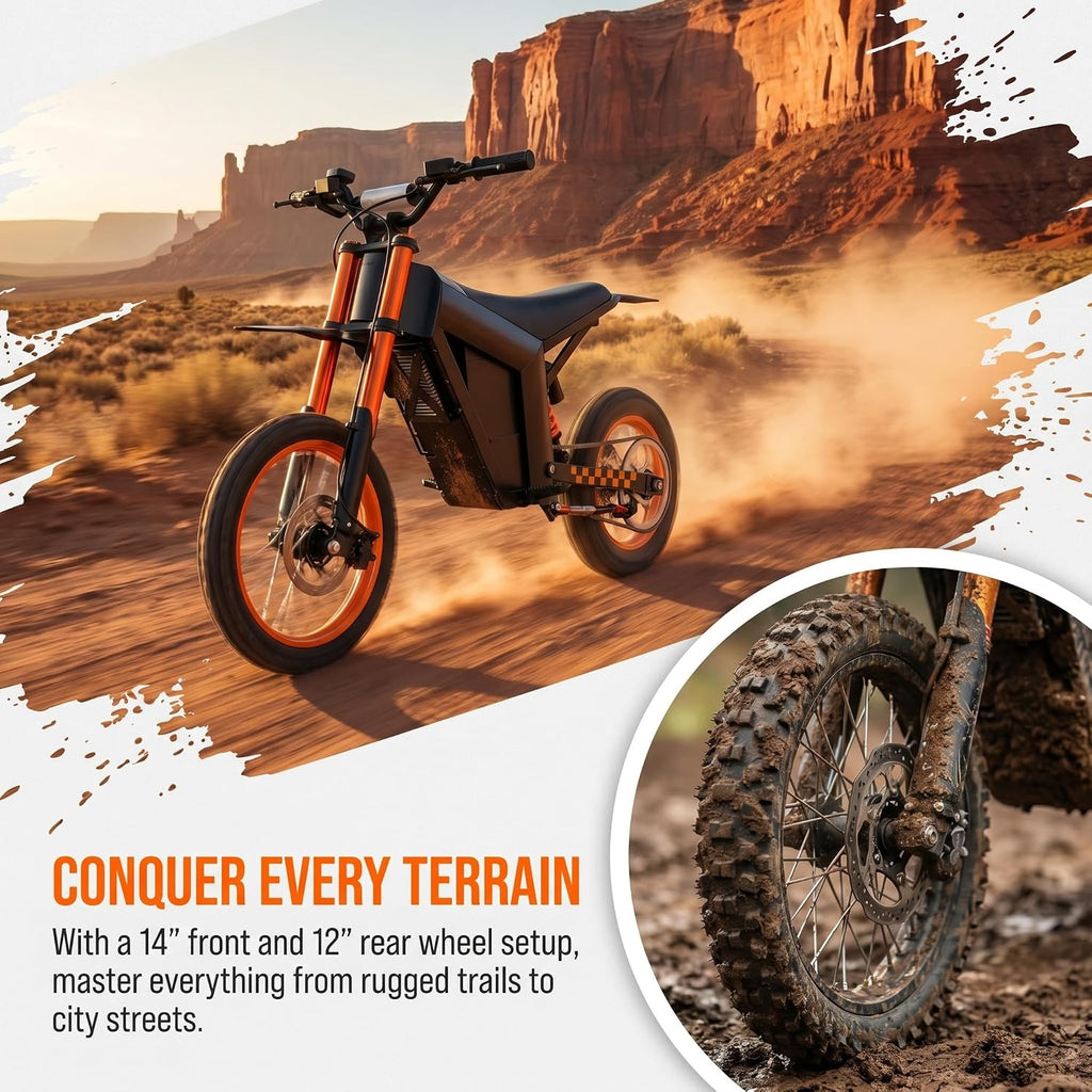 M01 Electric Dirt Motorcycle, 2000W Brushless Motor, 48V 20.8Ah Removable Battery, 34 MPH Max Speed, 40 Miles Range, 265 Lbs Load Capacity, 14" Front & 12" Rear Wheels