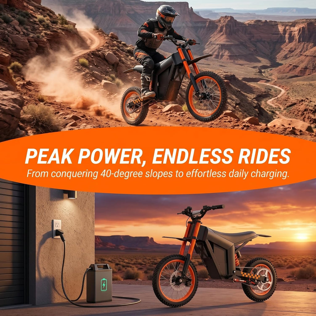 M01 Electric Dirt Motorcycle, 2000W Brushless Motor, 48V 20.8Ah Removable Battery, 34 MPH Max Speed, 40 Miles Range, 265 Lbs Load Capacity, 14" Front & 12" Rear Wheels