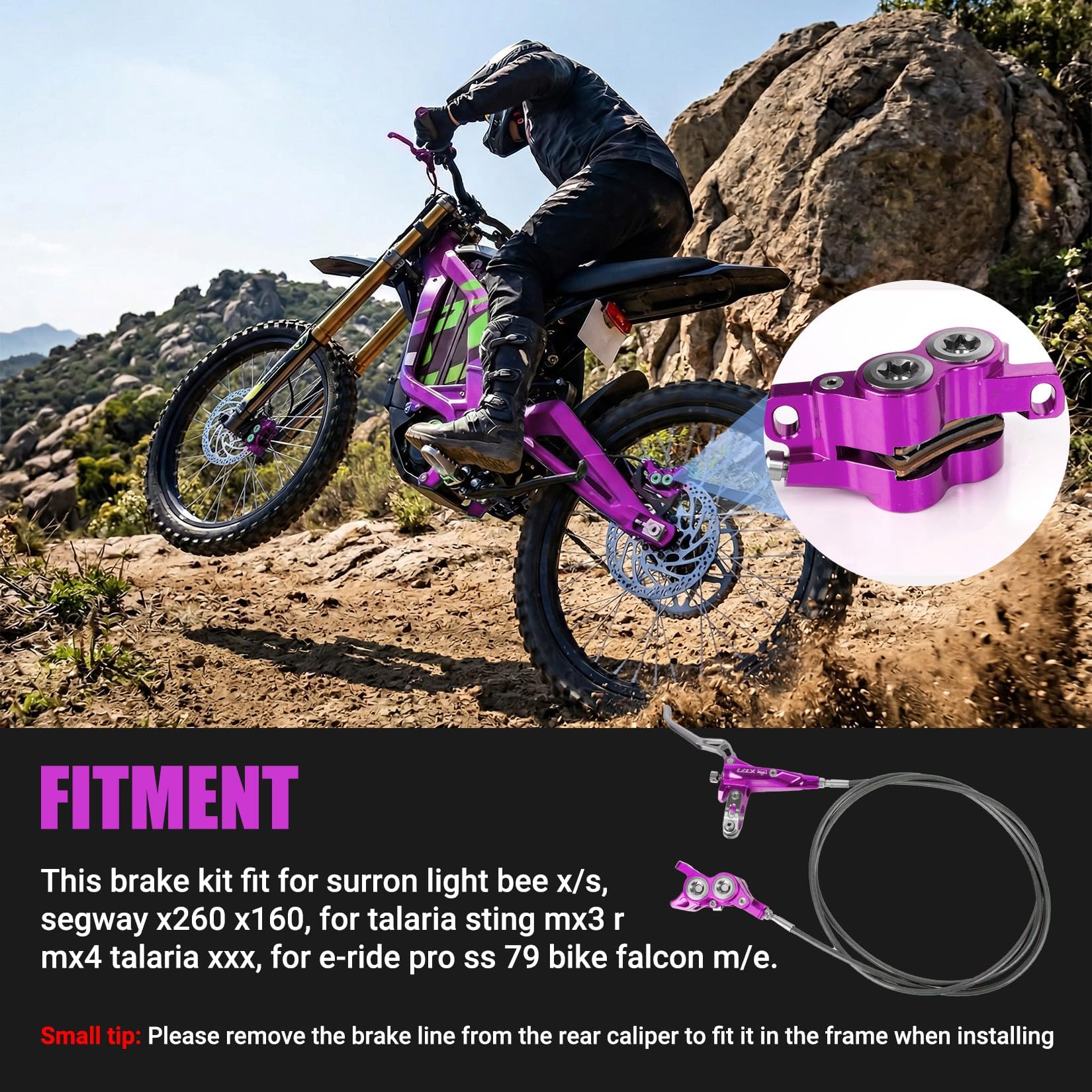 Front Rear Brake Kit for Sur-Ron, PSLER Upgraded Front Rear Brake Kit for Sur Ron Light Bee X Segway X160 X260 for Talaria XXX for Talaria Sting MX3 R MX4 for 79Bike Falcon M/E Ride Pro SS (Purple)