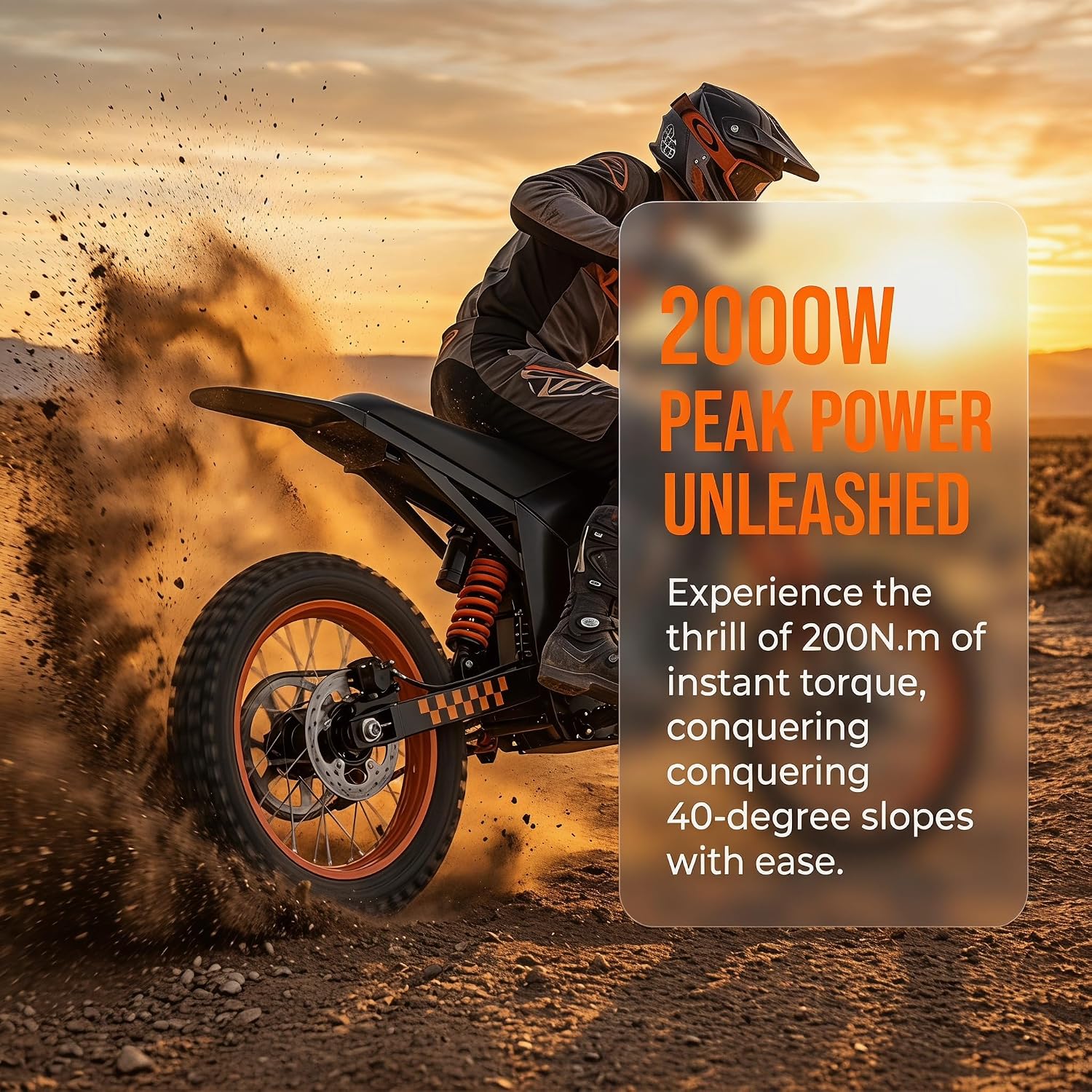 M01 Electric Dirt Motorcycle, 2000W Brushless Motor, 48V 20.8Ah Removable Battery, 34 MPH Max Speed, 40 Miles Range, 265 Lbs Load Capacity, 14" Front & 12" Rear Wheels