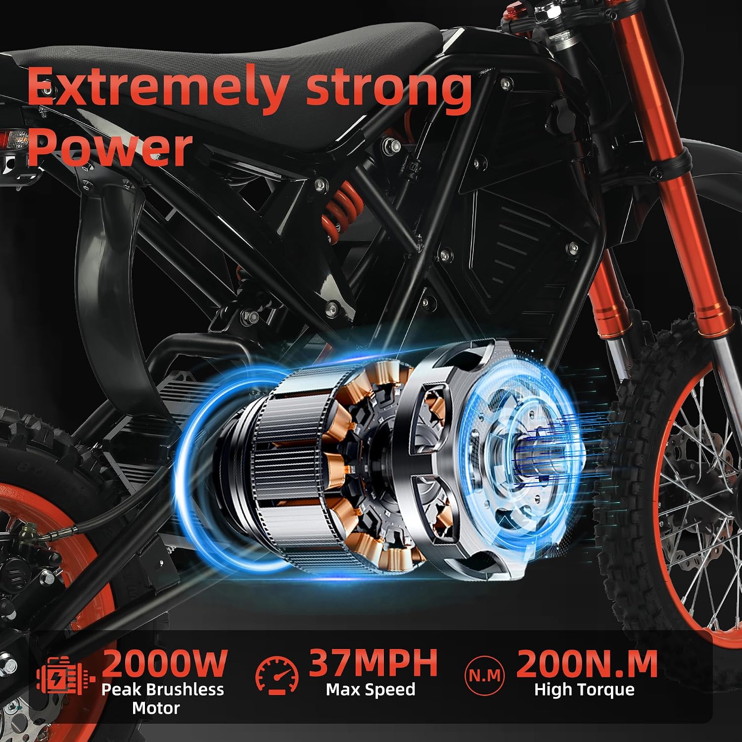 6MSKS Electric Dirt Bike 2000W High Speed Brushless Motor 23Ah High Capacity Battery Electric Motorcycle Off-Road Performance Tire Ebike 45miles Super Long Travel Dual Front and Rear Hydraulic Disc Brake System