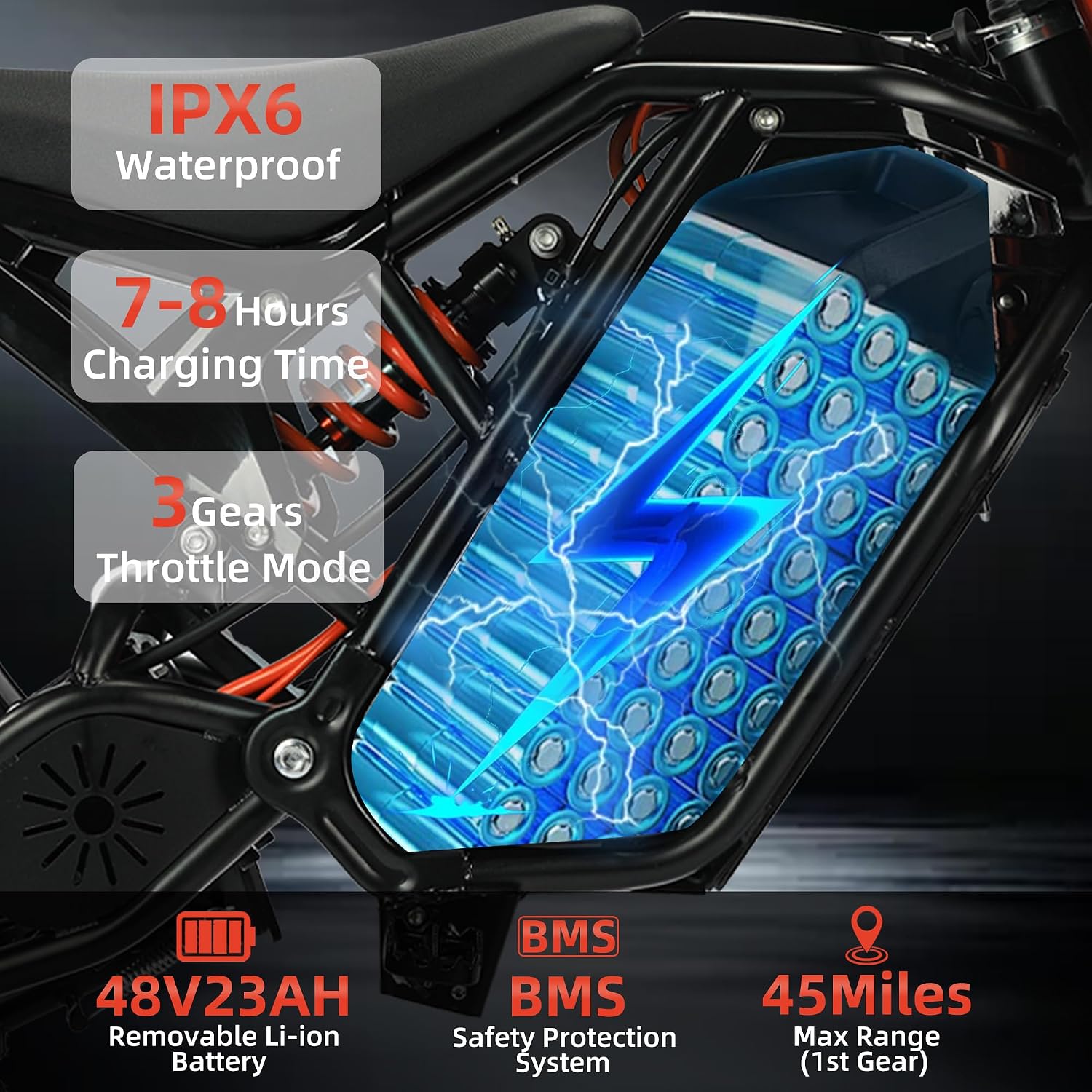6MSKS Electric Dirt Bike 2000W High Speed Brushless Motor 23Ah High Capacity Battery Electric Motorcycle Off-Road Performance Tire Ebike 45miles Super Long Travel Dual Front and Rear Hydraulic Disc Brake System