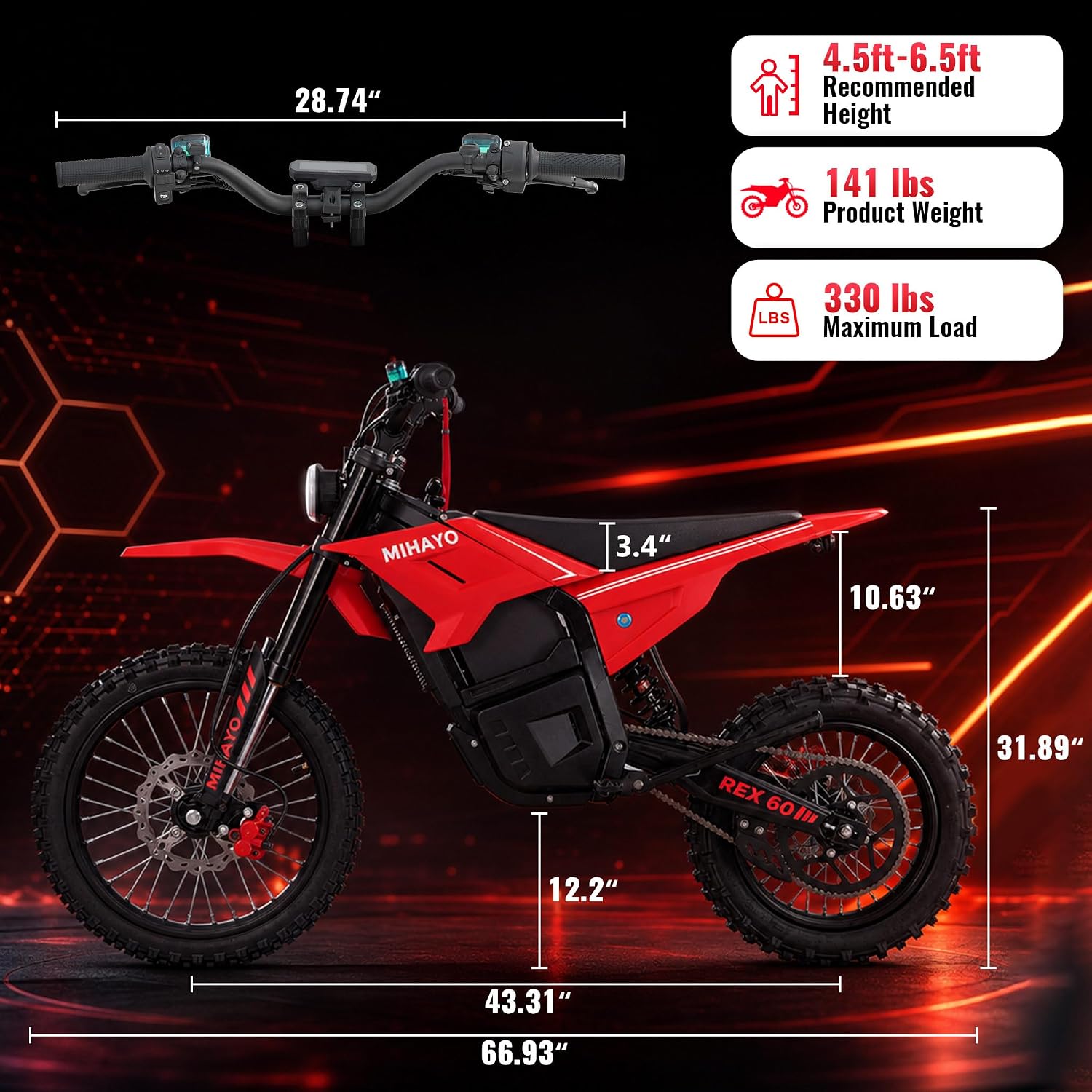Mihayo REX60 Mid-Drive Electric Dirt Bike with 17"/14" Tires, 5500W Peak Power Off-Road e Bike, 60V 30Ah BMS Battery Electric Motorcycle for Adults, 50Mph Top Speed Dirtbike, 60 Miles Range