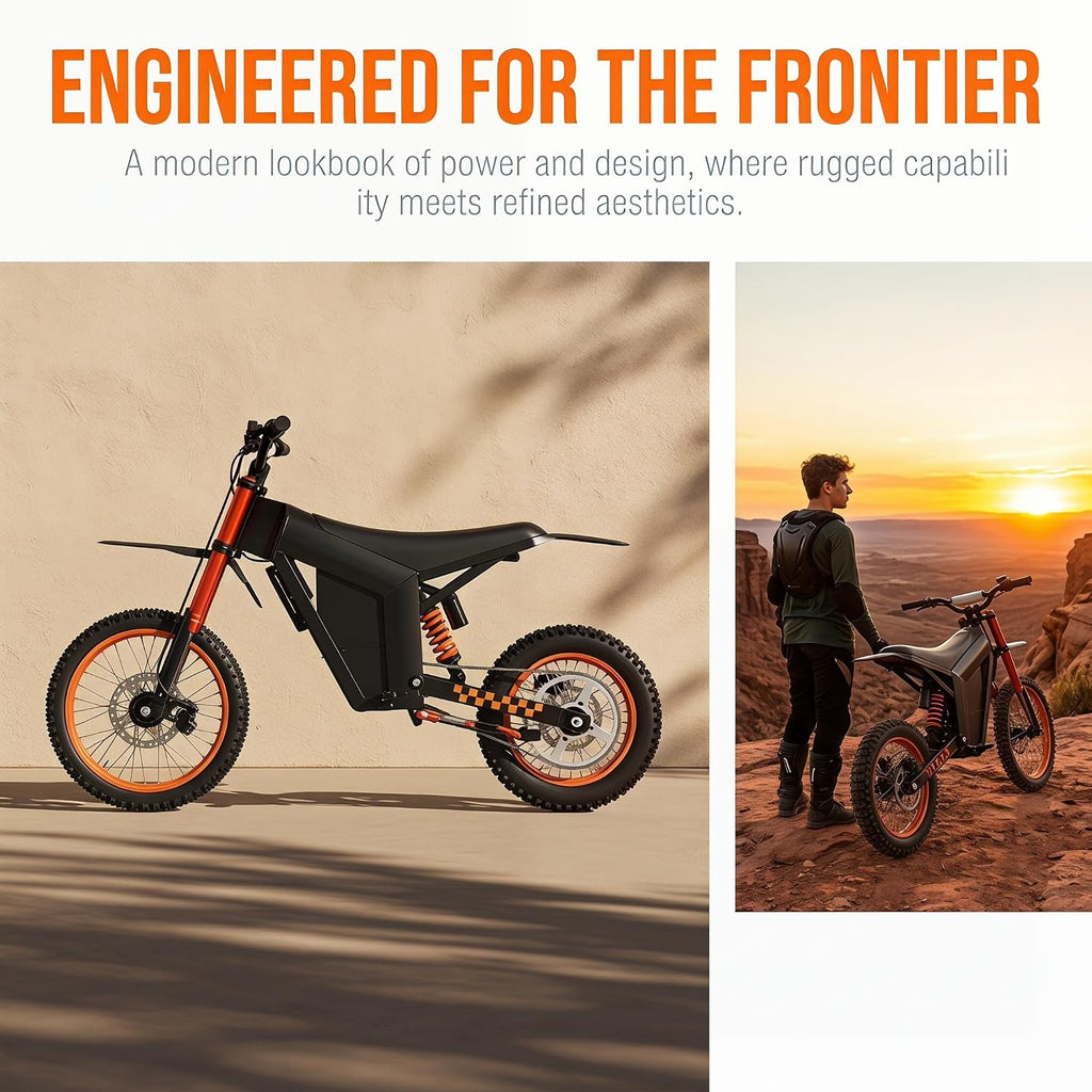 M01 Electric Dirt Motorcycle, 2000W Brushless Motor, 48V 20.8Ah Removable Battery, 34 MPH Max Speed, 40 Miles Range, 265 Lbs Load Capacity, 14" Front & 12" Rear Wheels