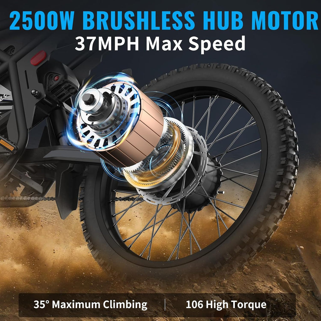 Bootime Upgraded Electric Dirt Bike for Teens 85+Miles Long Range Electric Bike for Adults 2500W Peak Motor 37MPH, 48V 36.4Ah Battery, Full Suspension, 3-Speed 25" Fat Tire Electric Motorcycle
