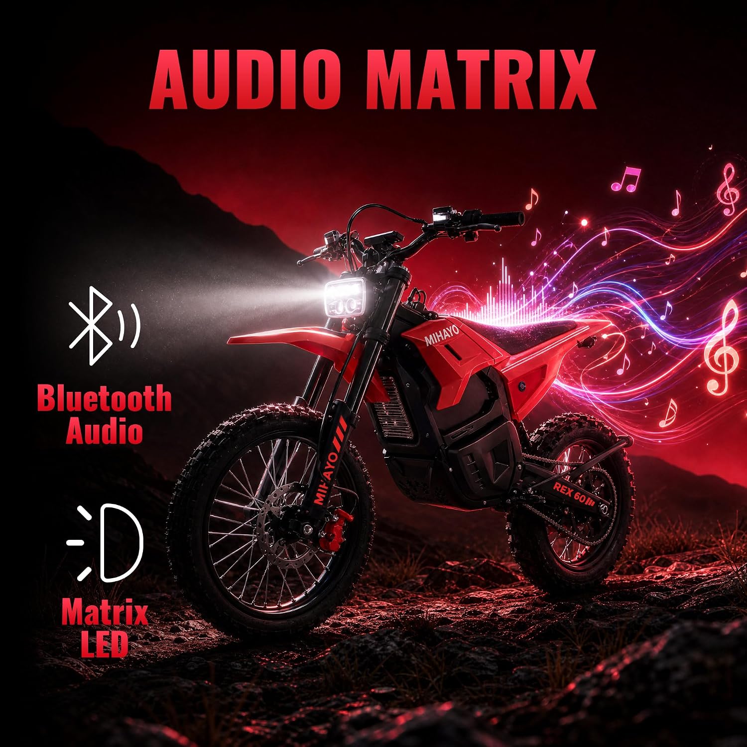 Mihayo REX60 Mid-Drive Electric Dirt Bike with 17"/14" Tires, 5500W Peak Power Off-Road e Bike, 60V 30Ah BMS Battery Electric Motorcycle for Adults, 50Mph Top Speed Dirtbike, 60 Miles Range