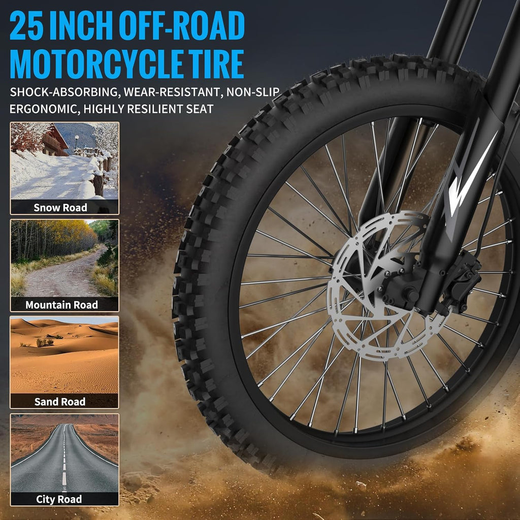 Bootime Upgraded Electric Dirt Bike for Teens 85+Miles Long Range Electric Bike for Adults 2500W Peak Motor 37MPH, 48V 36.4Ah Battery, Full Suspension, 3-Speed 25" Fat Tire Electric Motorcycle