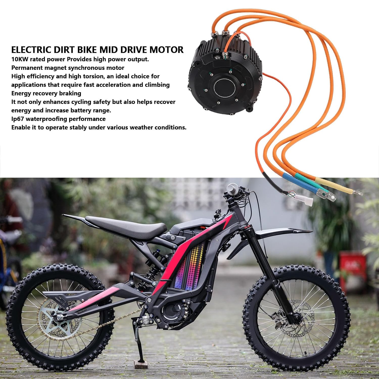 10KW Electric Dirt Bike Mid Drive Motor Brushless, Off Road Motorcycle Permanent Magnet Synchronous Motor, 10000rpm Peak, Hall Sensor, for Surron Electric Dirt Bike