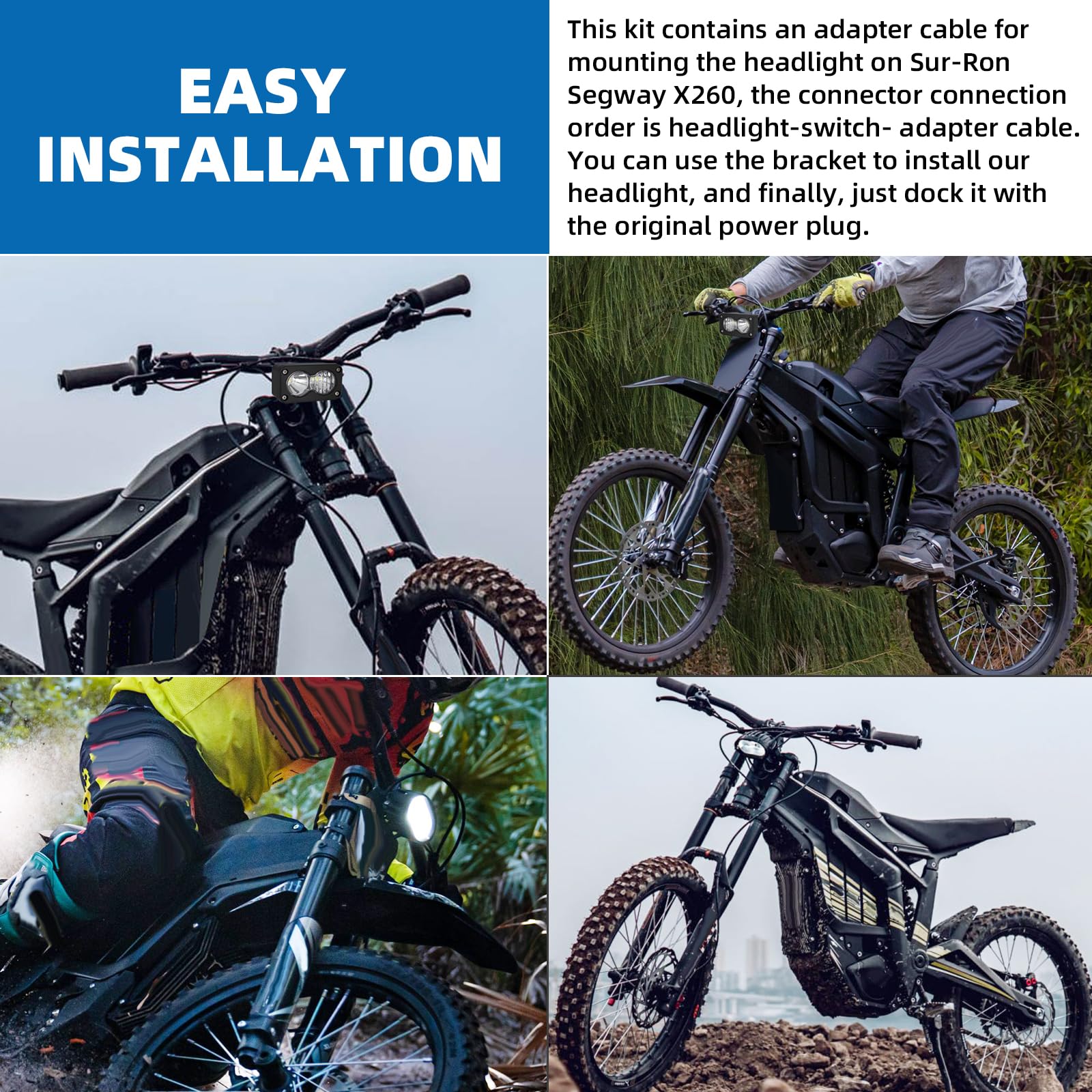 motoparty Dirtbike Headlight Kit for Sur-Ron Segway X260 Talaria Sting R MX4 PC Lens Motorcycle Light Bar Led Headlamp with Blue Light Switch