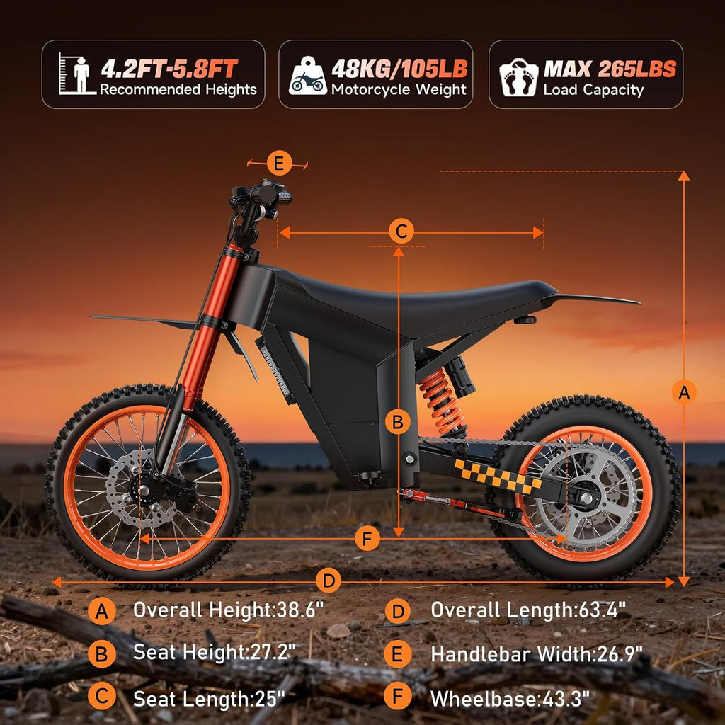 M01 Electric Dirt Motorcycle, 2000W Brushless Motor, 48V 20.8Ah Removable Battery, 34 MPH Max Speed, 40 Miles Range, 265 Lbs Load Capacity, 14" Front & 12" Rear Wheels
