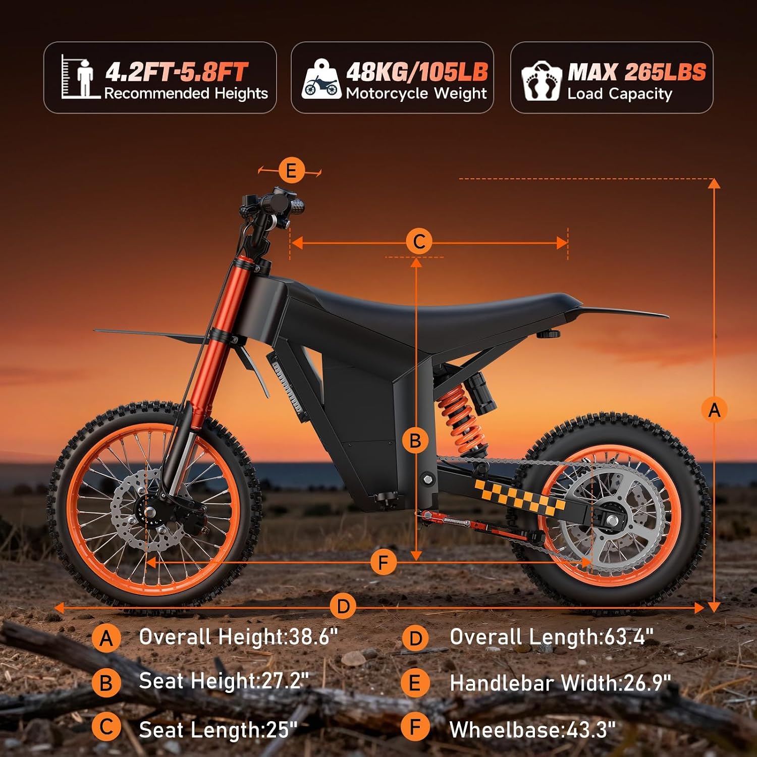 M01 Electric Dirt Motorcycle, 2000W Brushless Motor, 48V 20.8Ah Removable Battery, 34 MPH Max Speed, 40 Miles Range, 265 Lbs Load Capacity, 14" Front & 12" Rear Wheels