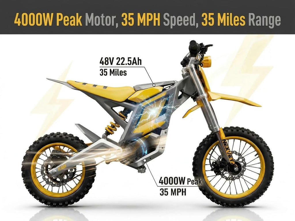 NEXVEY Flash Electric Dirt Bike 4000W Peak 48V 22.5AH Battery Off-Road Motorcycle, 35MPH Fast E Bike with Dual Hydraulic Suspension Brakes, Outdoor Gift for Teens Adults Age 13+